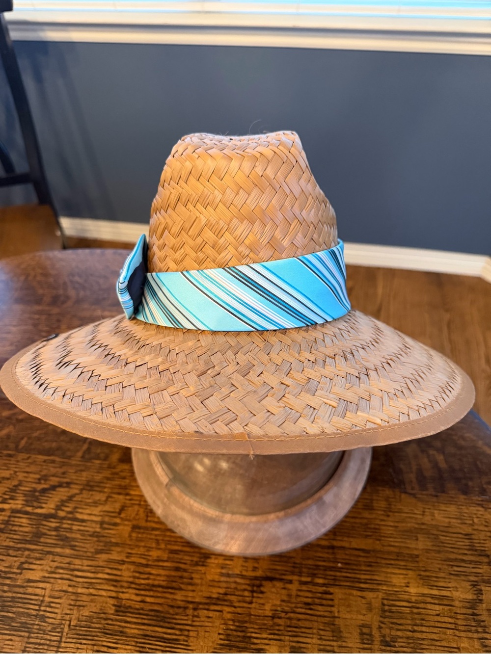 Riata Woven Straw Sun Hat with Aqua Striped Bow - Picture 4 of 12